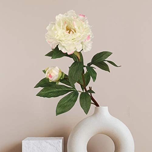 Lifelike 30" Cream and Pink Silk Peony Stem - Perfect for Floral Arrangements and DIY Crafts