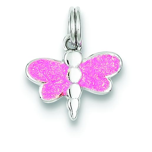 Sterling Silver Pink Enamel Dragonfly Charm &#x26; 18&#x22; Chain Jewerly 16.5mm x 14mm