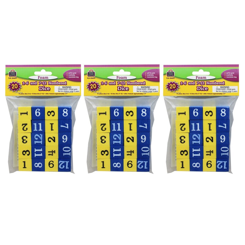 Foam Numbered Dice (Numerals 1-12), 20 Per Pack, 3 Packs