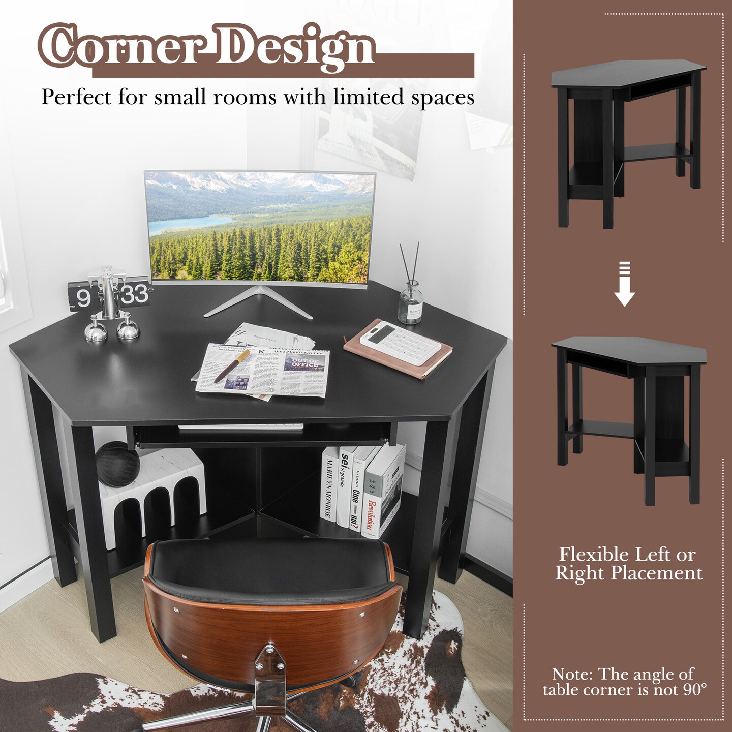 Costway Wooden Corner Desk With Drawer Computer PC Table Study Office Room Black