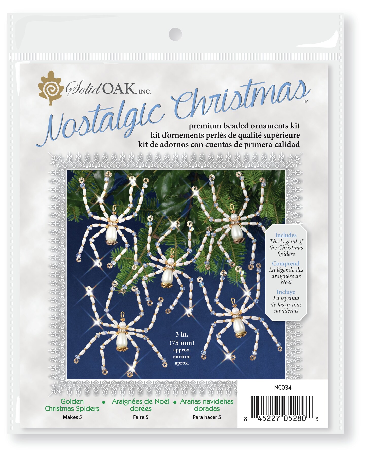 Solid Oak Nostalgic Christmas Beaded Crystal Ornament Kit-Golden Christmas Spiders Makes 5