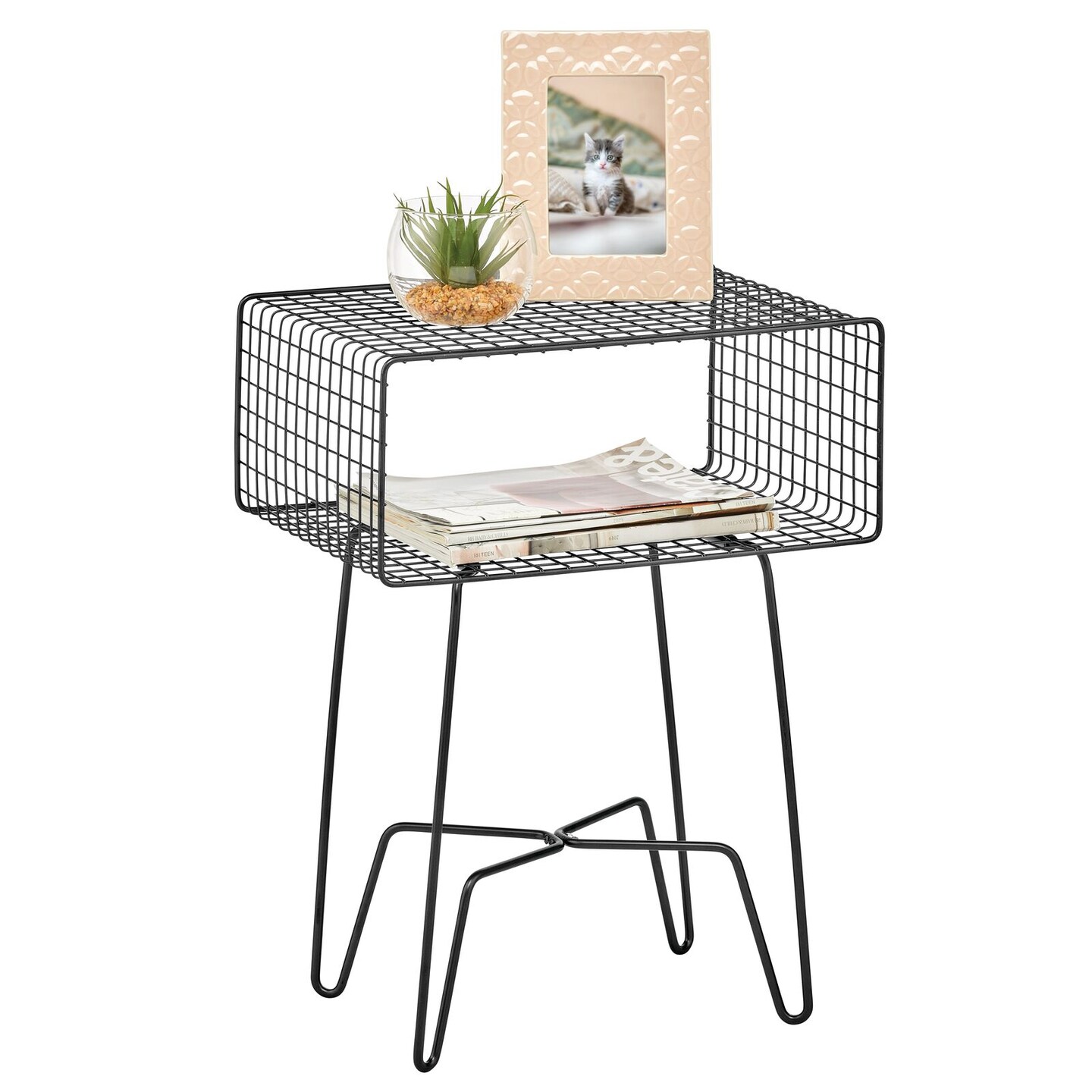 mDesign Modern Farmhouse Home Decor End Table, Wire Grid Storage Shelf