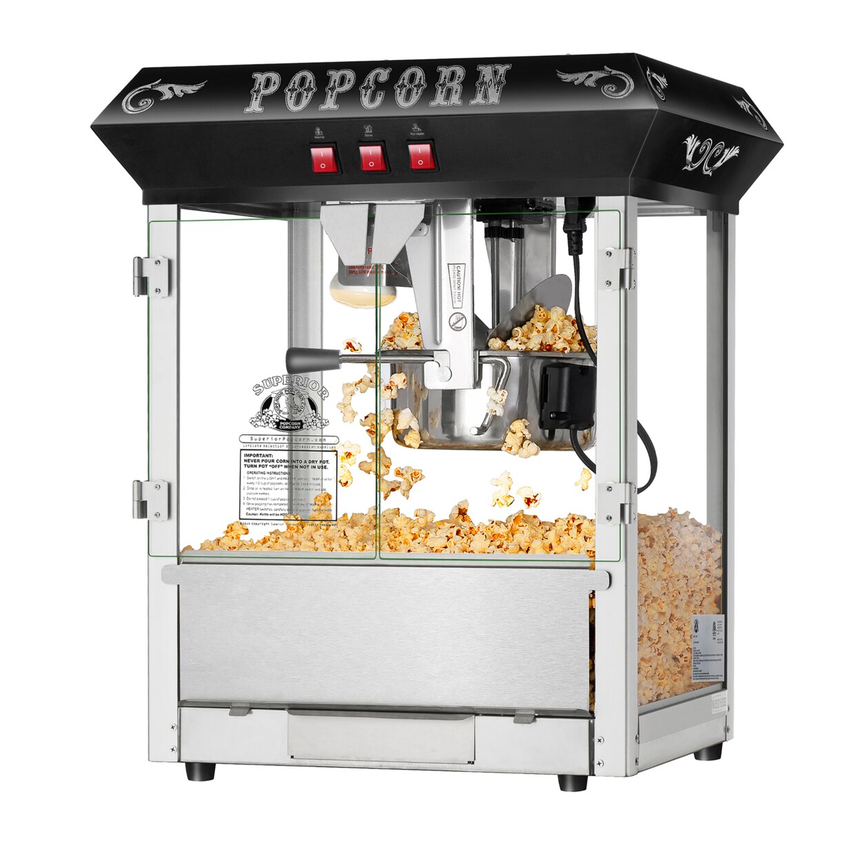 Superior Popcorn Black Countertop Popper Machine 8Oz Makes 3 Gallons Per Batch