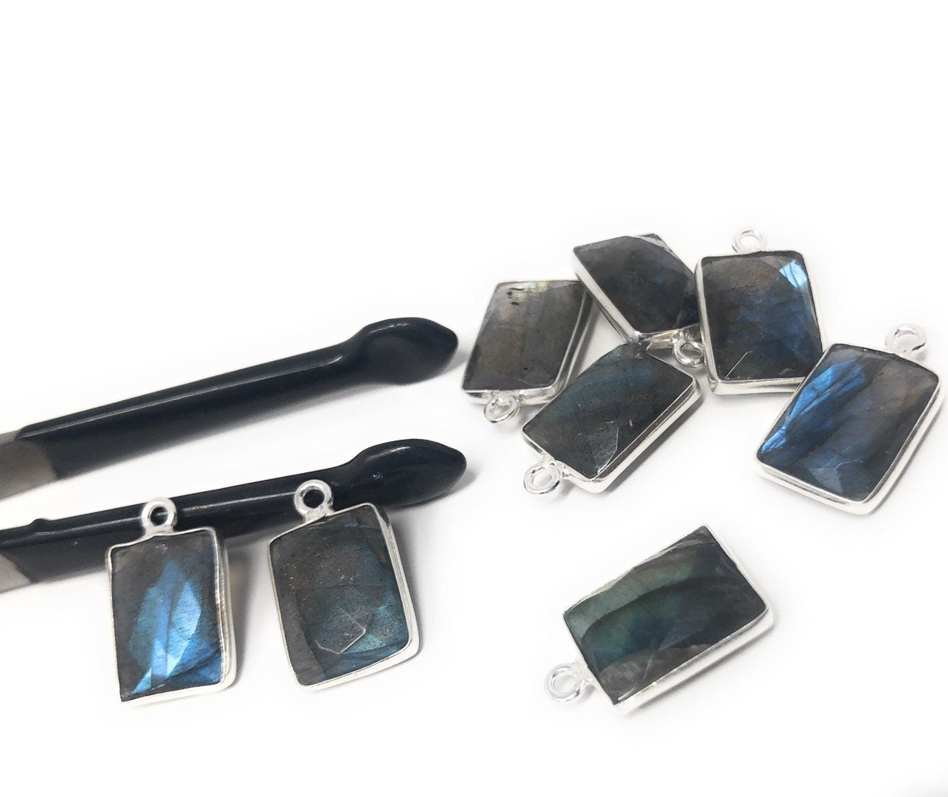 Labradorite Gemstone Sterling Silver Briolette Charms, Pewter - 16x9mm - 4 Pieces