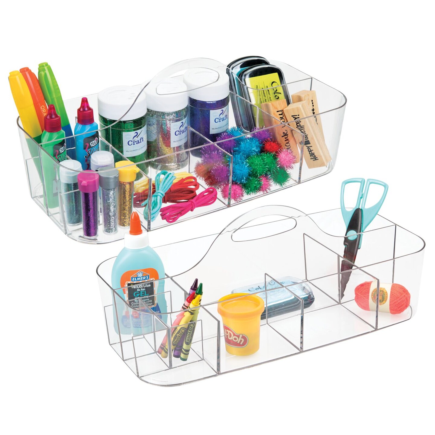 mDesign Plastic Divided Crafting Storage Organizer Caddy, Handle, 2 Pack, Clear