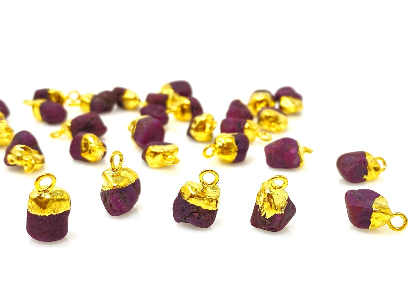 Rough Gold Electroplated Ruby Gemstone Cap Charms, Red - 12mm- 15mm - 10 Pieces