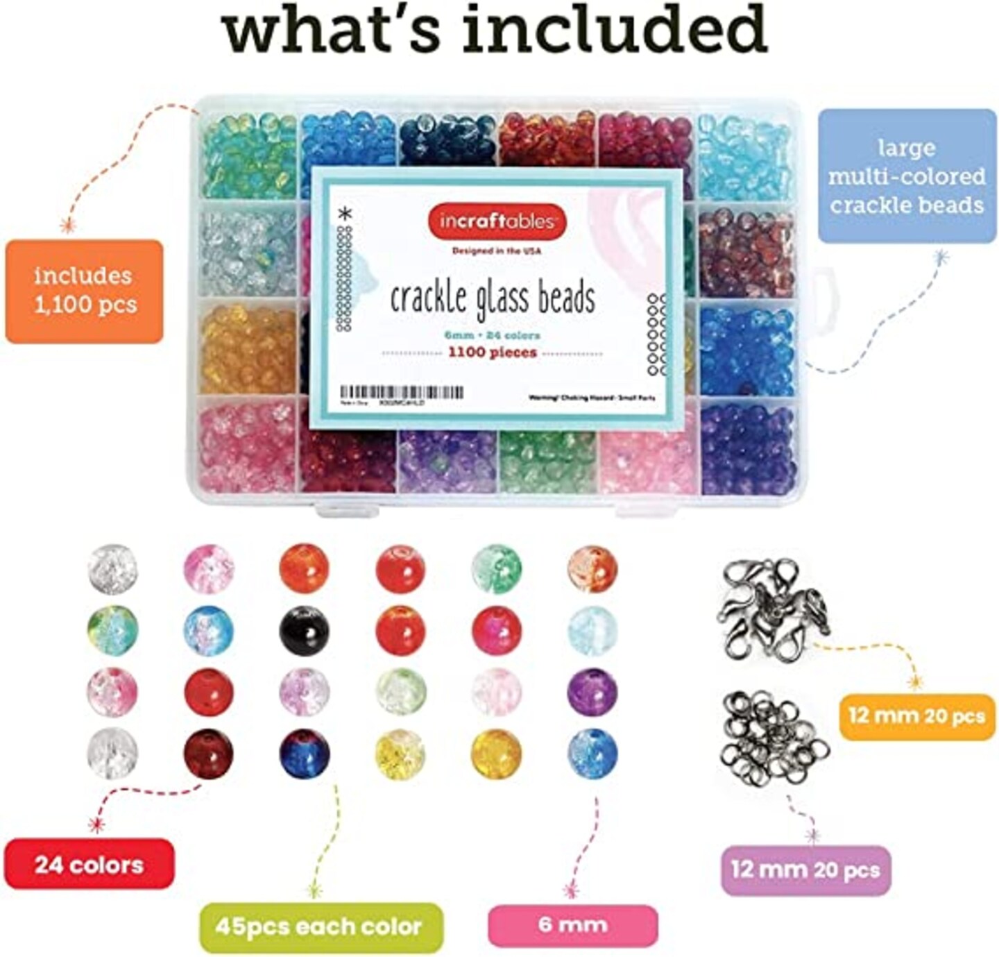 Incraftables Bicone Crystal Beads 1200pcs & Crackle Glass Beads 1100pcs 24 Colors 6mm with Elastic String & Organizer for Jewelry Making, Hair Accessories, Bracelets, & Crafts.