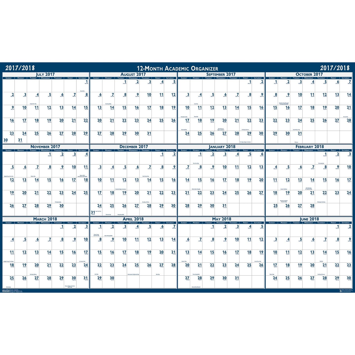 Laminated Wipe Off Wall Academic Calendar, Reversible, 18&#x22; x 24&#x22;