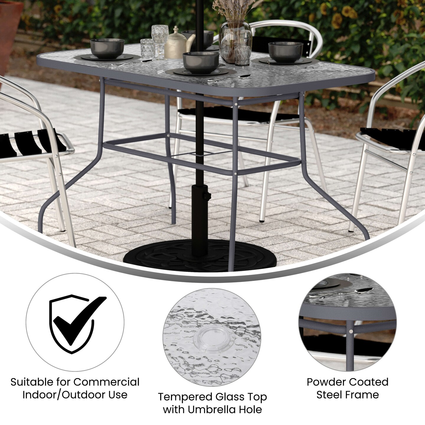 Emma and Oliver Tala Patio Table with Tempered Glass Top with Umbrella Hole and Steel Frame