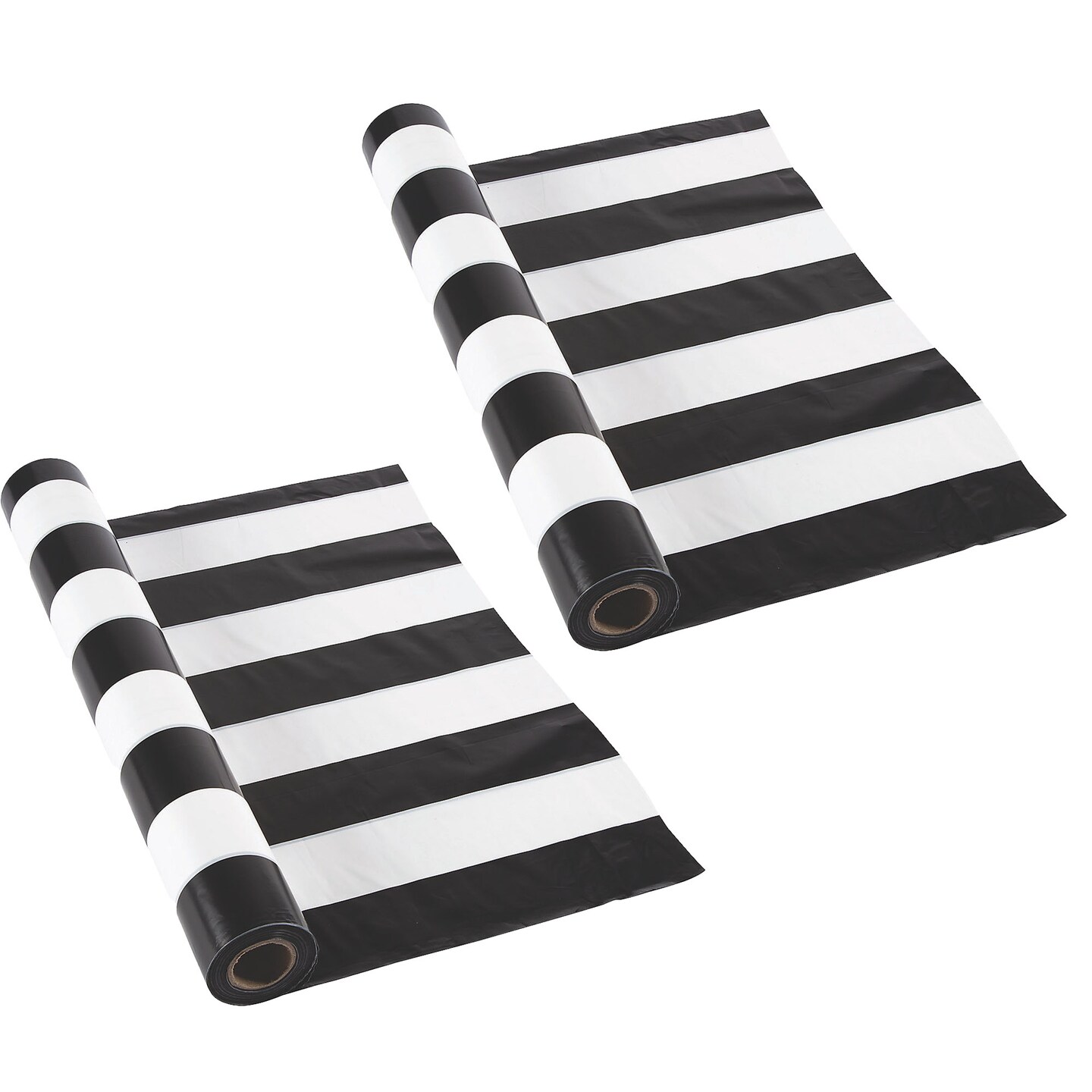 40&#x22; x 100 ft. Black &#x26; White Striped Disposable Plastic Tablecloth Roll