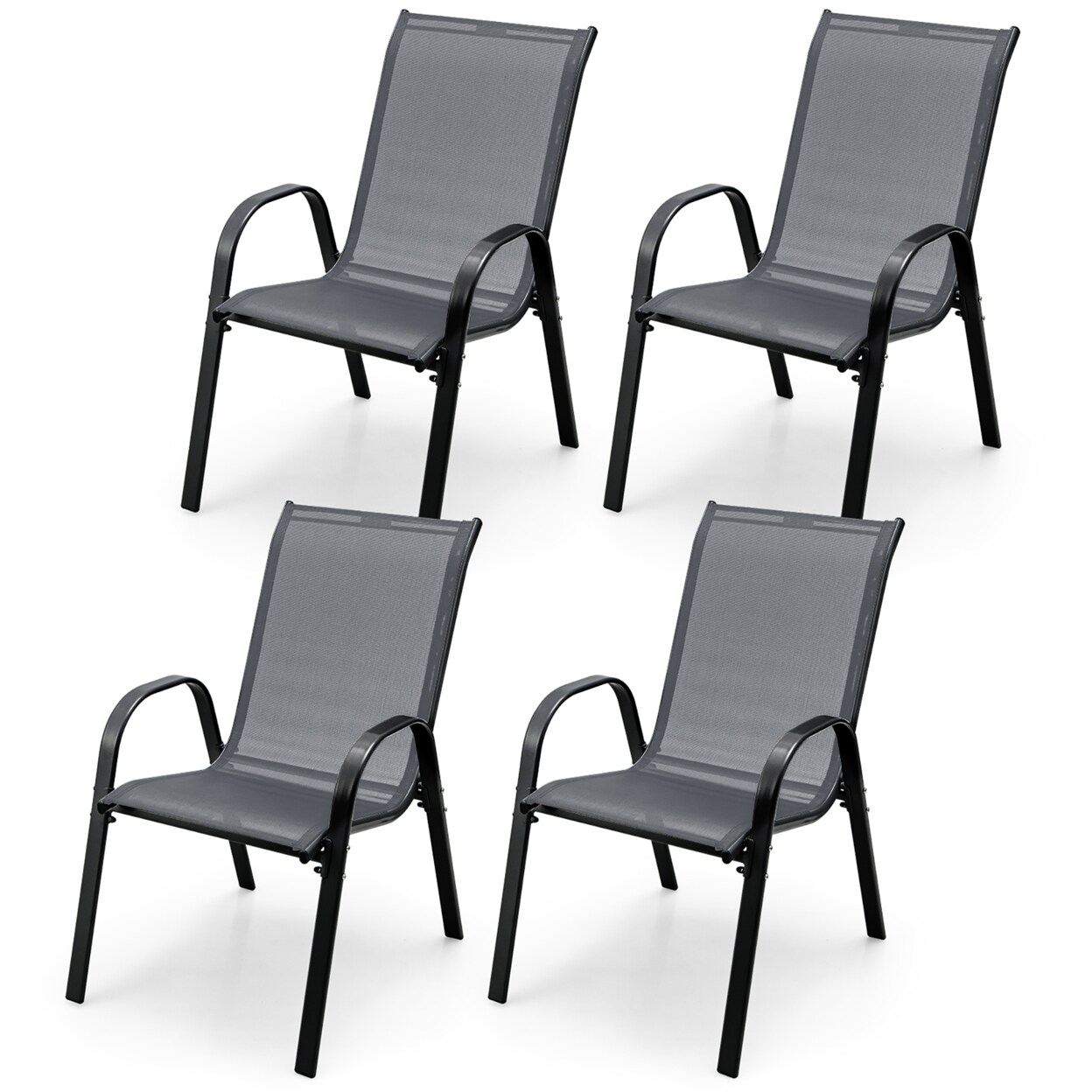 Gymax 4PCS Patio Stacking Dining Chairs w/ Curved Armrests and Breathable Seat Fabric Grey