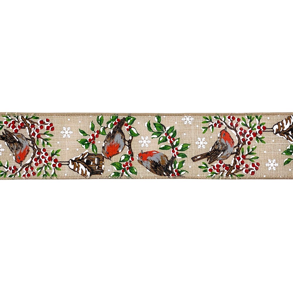 Designer&#x2019;s Shop WR 63-5195 Holiday Winter Berries with Bird and Bird house Wired edge ribbon 2.5&#x201D; x 10 yard