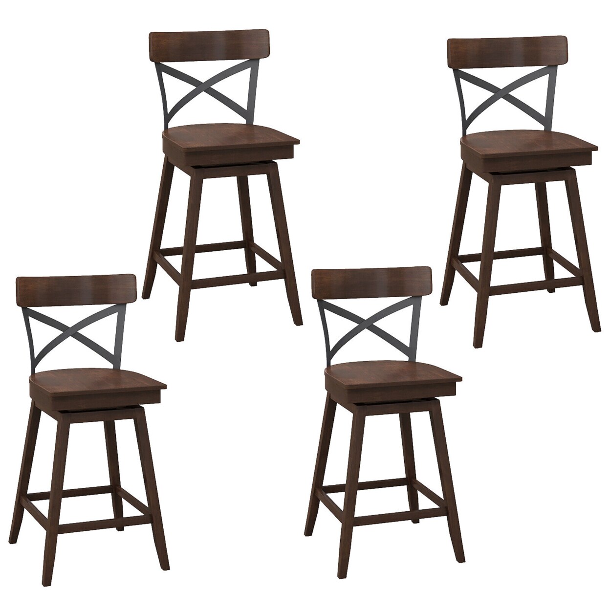 Set Of 4 Wooden Swivel Bar Stools Counter Height Kitchen Chairs W/ Back Brown