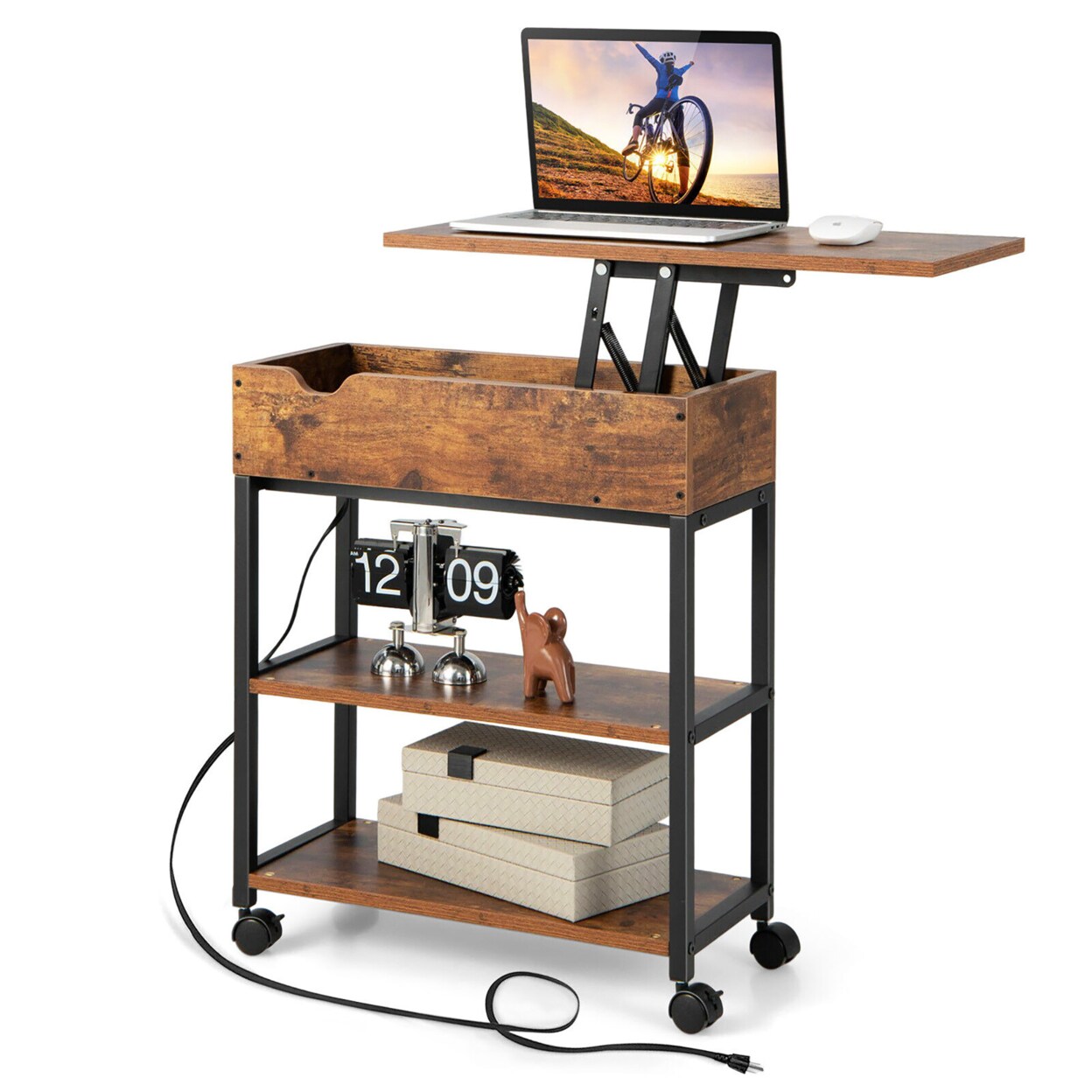 Lift Top End Table W/ Charging Station Storage Shelves Wheels Mobile Bedside