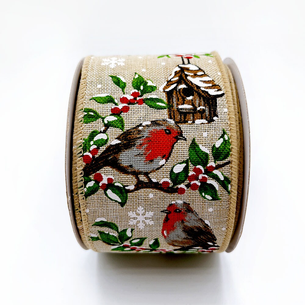 Designer&#x2019;s Shop WR 63-5195 Holiday Winter Berries with Bird and Bird house Wired edge ribbon 2.5&#x201D; x 10 yard