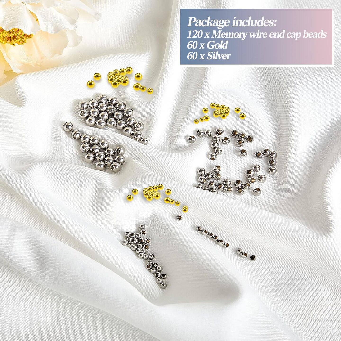 120 Pieces Memory Wire End Caps 3mm 4mm 5mm Stainless Steel Cord End Caps Half Drilled Beads Ball End Jewelry End Cap for Earrings Necklace Bracelet Jewelry Making DIY Crafts (Gold, Silver)