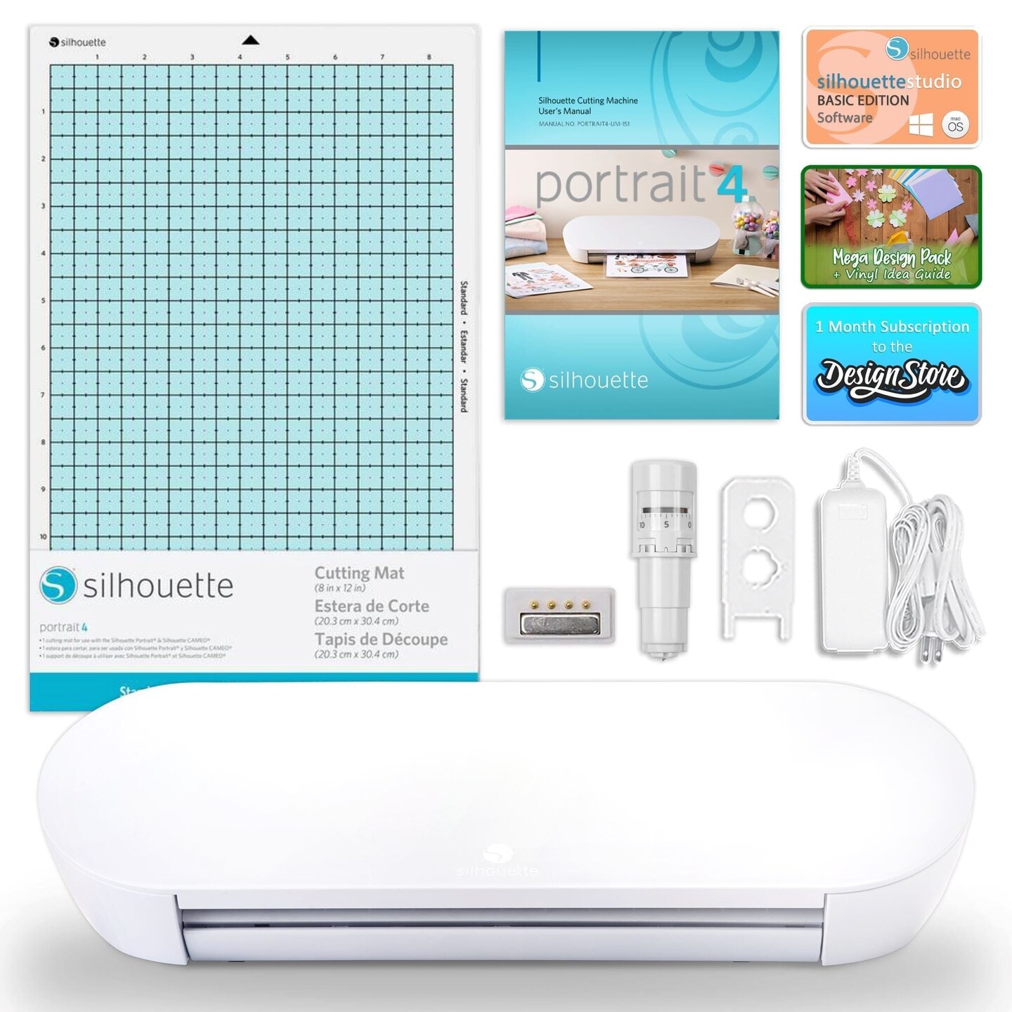 Silhouette Portrait 4 w/ Deluxe Blade & Tool Pack, Mat Pack, Guides, Designs