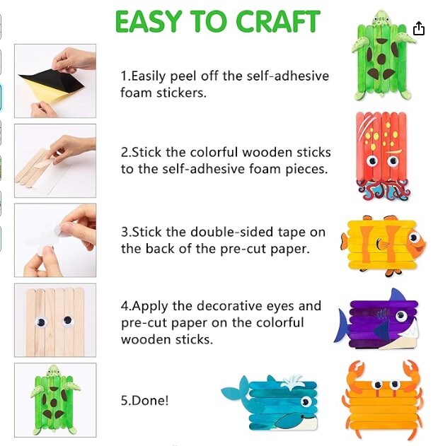 Under The Sea 6Pcs Ocean Wooden Sticks Craft DIY Kids Art Crafts Kit Creative Handmade Project Supplies with Googly Eyes Animals Birthday Activity Games for Boys and Girls at Home and in the Classroom