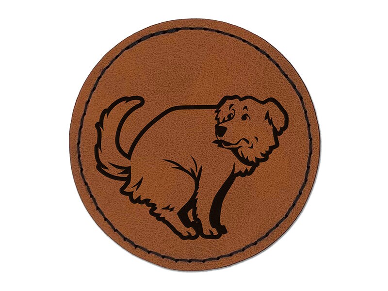 Dog Squat Poop Golden Retriever Round Iron-On Engraved Faux Leather Patch Applique - 2.5&#x22;