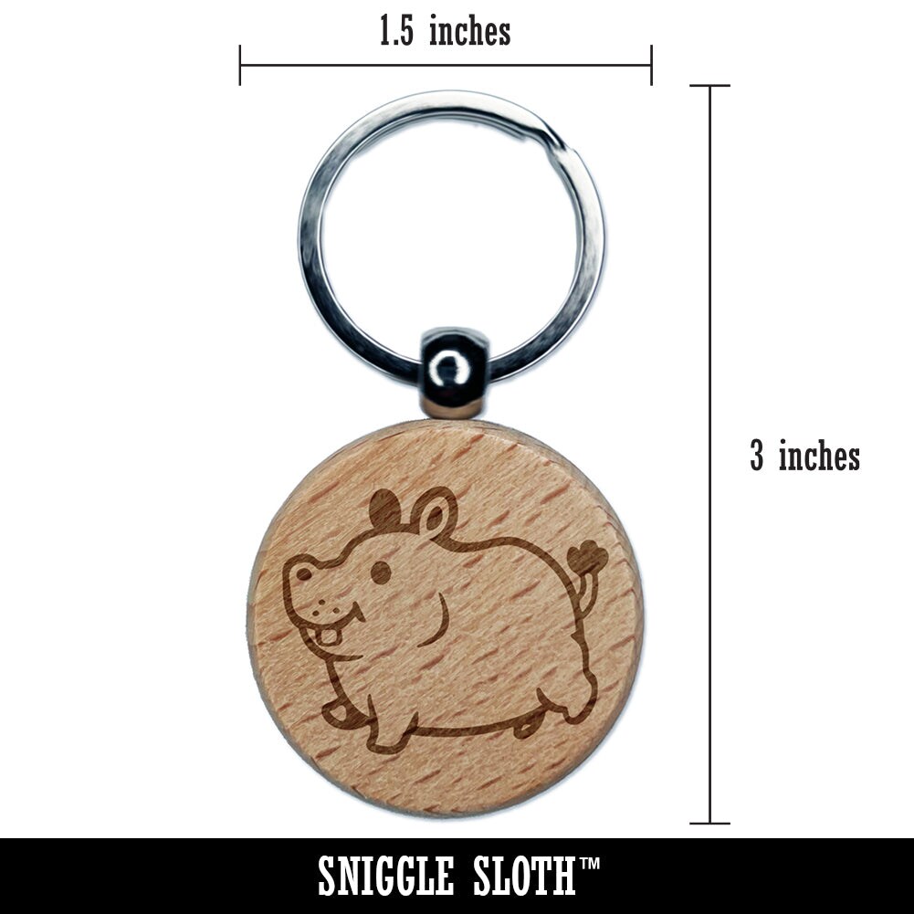 Chubby Round Hippo Hippopotamus Engraved Wood Round Keychain Tag Charm