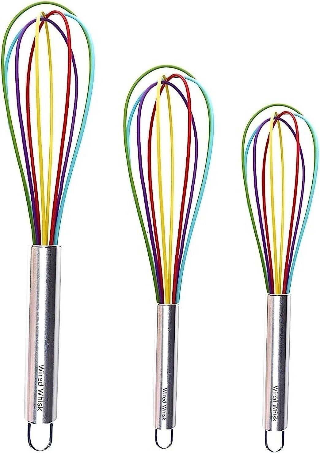 Silicone Whisk Set of 3 RAINBOW Non-Scratch Non-Stick Kitchen Utensils.