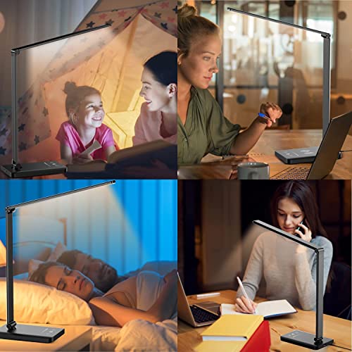 LED Desk Lamp with USB Charging Port, Dimmable Eye-Caring Reading Desk Light for Home, with 5 Brightness Level &#x26; 3 Lighting Modes, Touch Control, Auto Timer (Black)