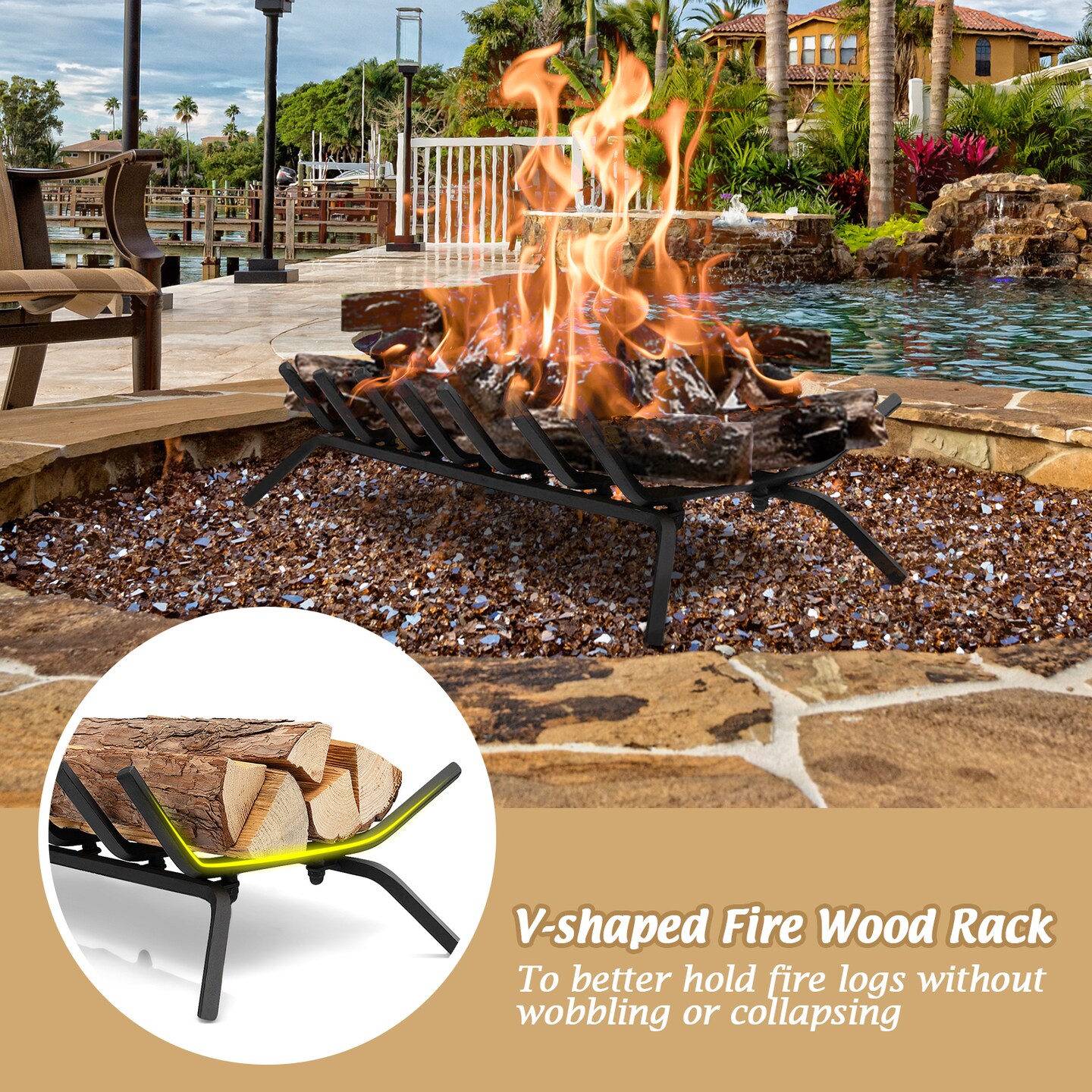 Black Metal Fireplace Grate for Outdoor Fire Pit with V-Shaped Design