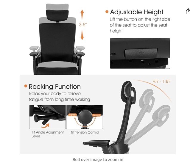 Ergonomic Office Chair, High Back Desk Chair w/ 3D Armrests, Adjustable Lumbar Support & Headrest, Breathable Swivel Computer Task Chair with Sliding Seat for Office Home