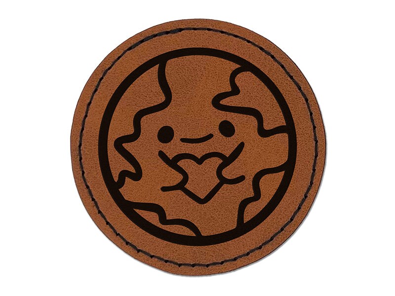 Earth Holding Heart Round Iron-On Engraved Faux Leather Patch Applique - 2.5&#x22;