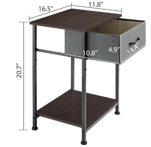 Nightstand, End Table for Bedroom Nursery Living Room - Removable Fabric Drawer, Open Storage Shelf, Sturdy Steel Frame, Durable Wood Top - Charcoal Grey/Dark Walnut