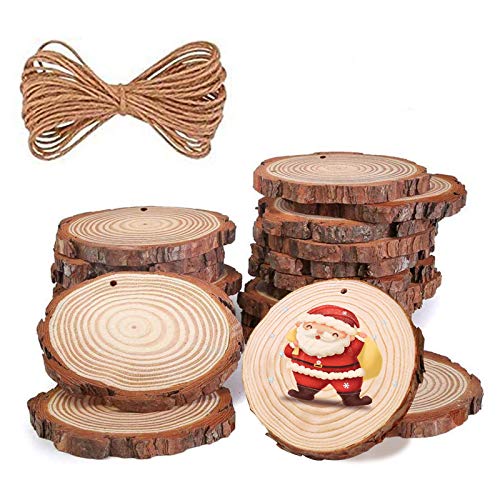 chfine Natural Wood Slices for Crafts 42 Pcs 2.4-2.8 Inches Natural Wood Unfinished Rounds with Pre-drilled Hole and 33 Feet Twine String Christmas DIY Crafts Ornaments Party Wedding Decoration