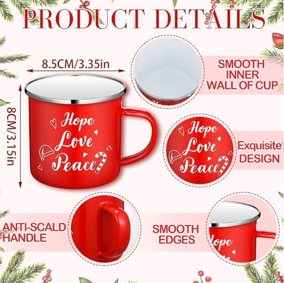 Christmas Enamel Winter Holiday Coffee Mugs with Quotes 12 Pcs Seasonal Merry Christmas Mugs 12 Oz Cups in white and red (Believe) Funny Novelty Xmas Coffee Mugs for Women, Coworkers, and Kids