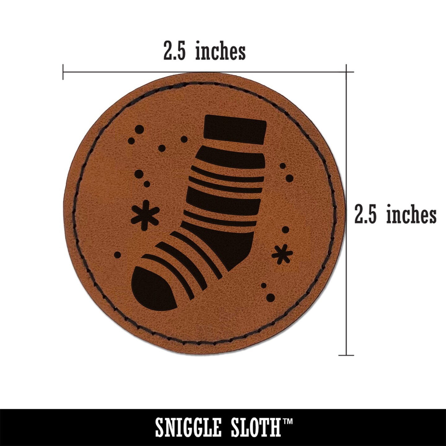 Christmas Stocking Sock Round Iron-On Engraved Faux Leather Patch Applique - 2.5&#x22;
