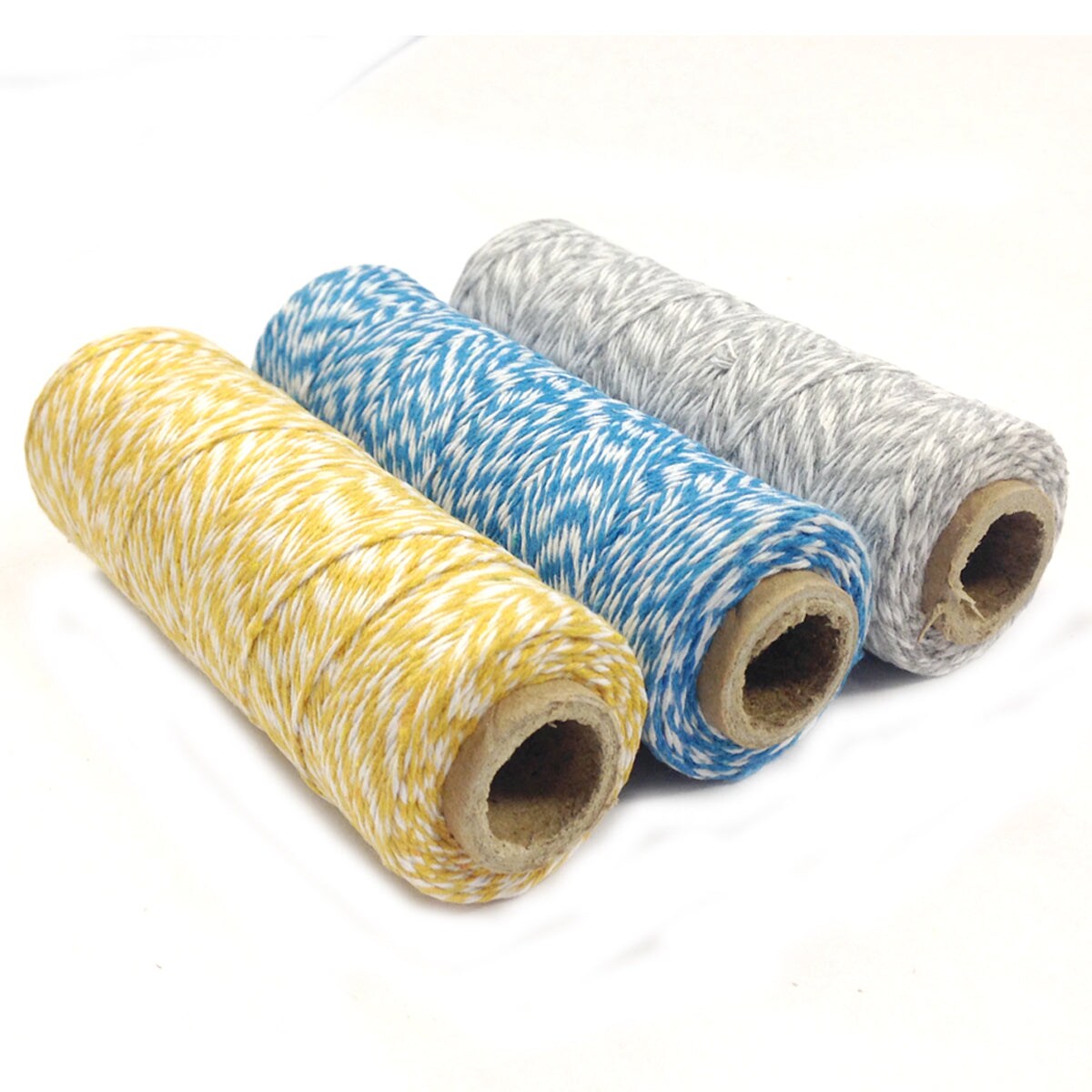 Wrapables Cotton Baker&#x27;s Twine 4ply 330 Yards (Set of 3 Spools x 110 Yards) for Gift Wrapping, Party Decor, and Arts and Craft (Grey, Blue, Dark Yellow)