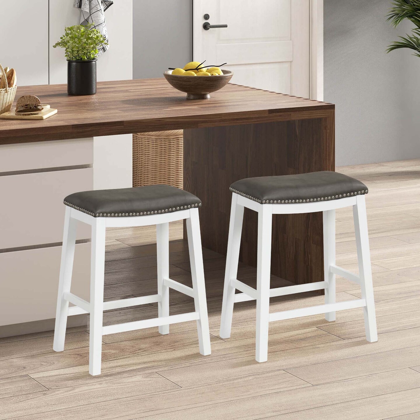 Costway 26-Inch Bar Stool Set of 2 Counter Height Saddle Stools with Upholstered Seat Brown/Black/Gray