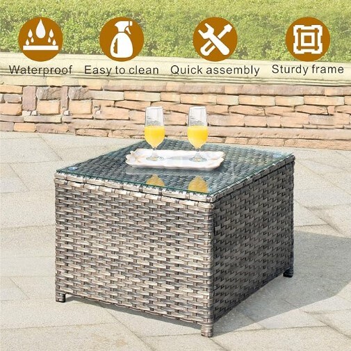 Patio Furniture Set: 4 Piece Wicker Rattan Conversation Set for Yard Porch with Loveseat Chairs, Coffee Table, and High Back Couch for All Weather. Color: Beige