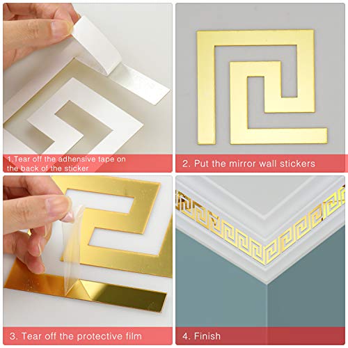 SelfTek 30Pcs Acrylic Mirror Wall Stickers Mirror Decals Peel and Stick Mirror Tiles Border DIY Adhesive Wall Decor Stickers for Living Room Home Background Decor (Gold)