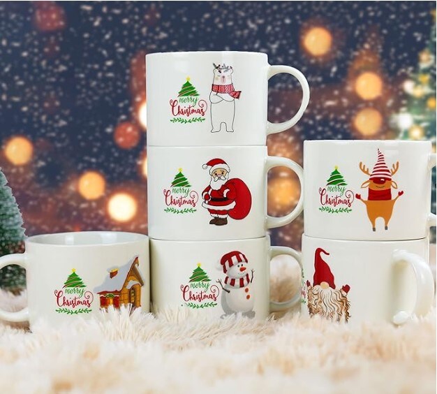 Christmas Ceramic Mug Set of 6 for Hot Chocolate Cocoa-Holiday Coffee Cup Xmas Basket Gifts for Family Friends