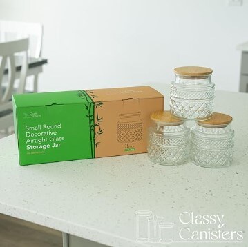 38 Ounce Round Glass Jar with Bamboo Lid - Vintage Diamond Pattern Kitchen Decorative Glass Jars - Coffee Pasta Sugar Tea Snack Nuts Cookie Jar with Airtight Lids - Set of 3