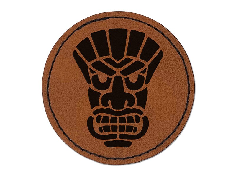 Tiki Mask Hawaii Luau Round Iron-On Engraved Faux Leather Patch Applique - 2.5&#x22;