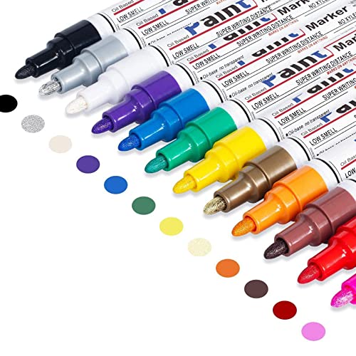 Oil Based Paint Pen, Permanent Paint Marker: Quick-Dry, Waterproof Paint Set of 12 for Rock Painting, Glass, Fabric, Ceramic, Wood, Metal, Mug, Plastic, Stone, Christmas Stencil Art Craft Supplies Kit