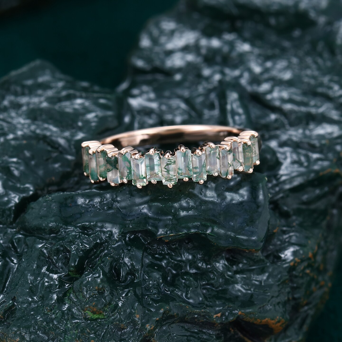 Baguette cut Moss agate wedding band, Rose gold women wedding band, Half eternity wedding ring, Art deco stackable ring, Anniversary ring