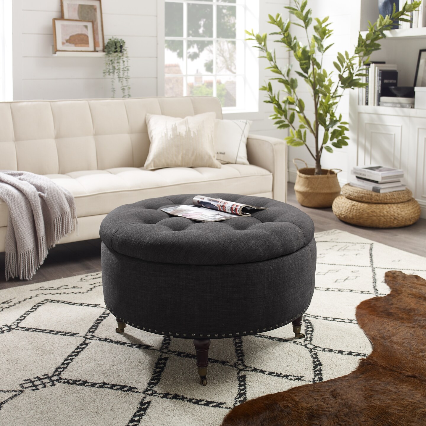 Renata Linen Button Tufting Ottoman