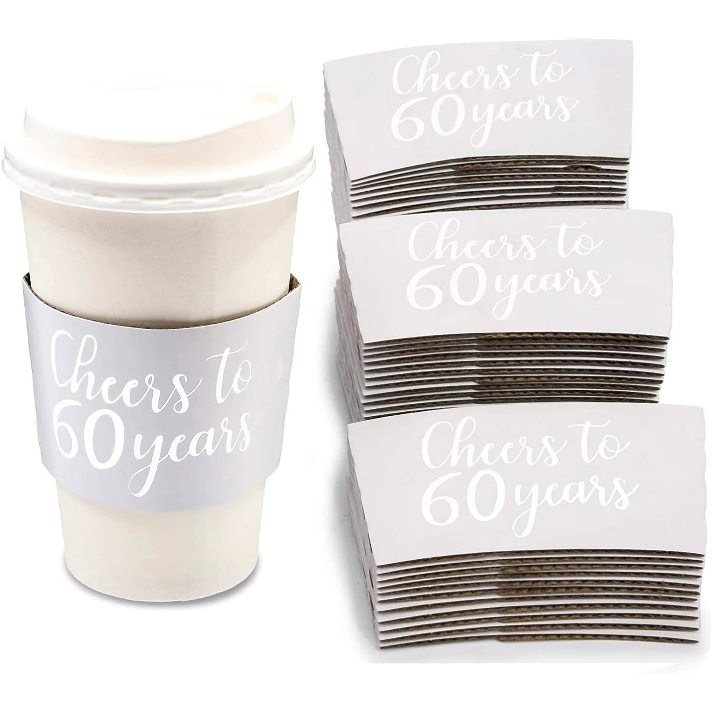 Cheers to 60 Years Coffee Cup Drink Sleeves for 60th Anniversary or Birthday, Fits 12-16 oz Cups, Fits 12-16 oz (Silver Foil, 50 Pack)