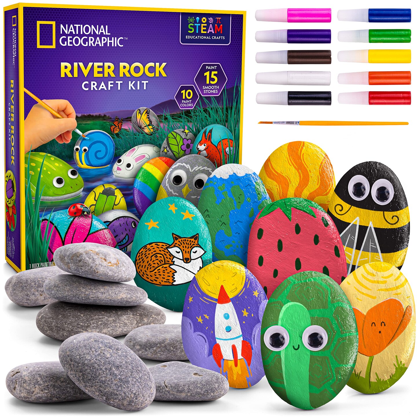 NATIONAL GEOGRAPHIC Rock Painting Kit - Arts and Crafts Kit for Kids, Paint &#x26; Decorate 15 River Rocks with 10 Paint Colors &#x26; More Art Supplies, Outdoor Toys for Girls and Boys (Amazon Exclusive)