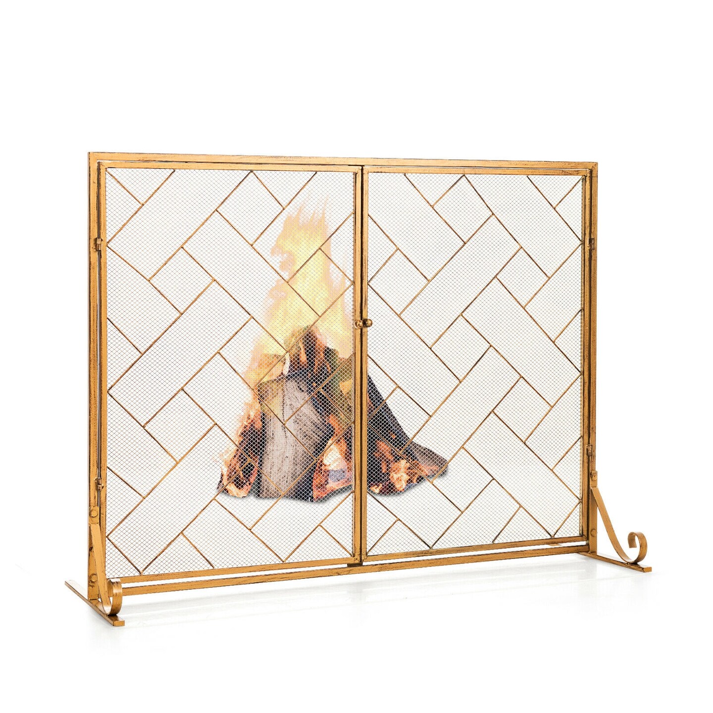 Hotsell Folding 3-Panel Wrought Iron Fireplace Screen W/ Doors & 4 Pieces Tools Set