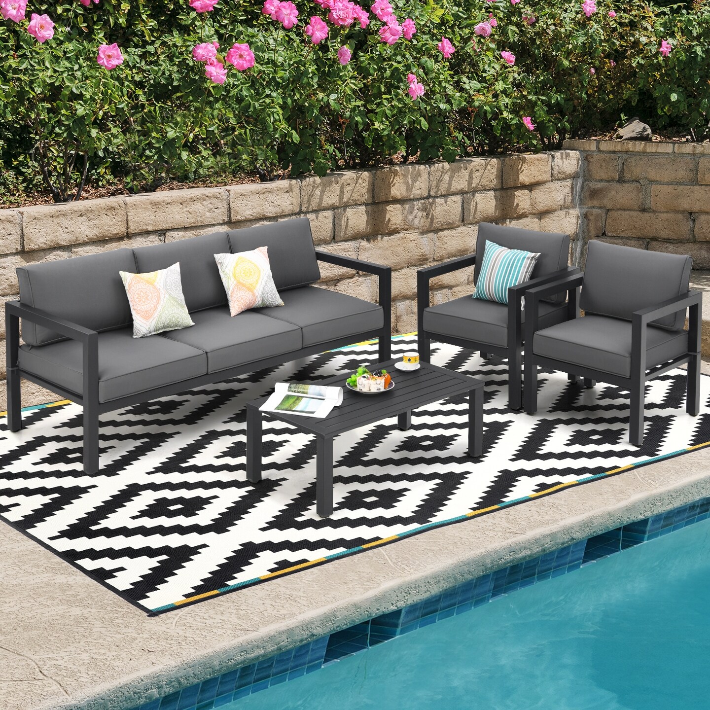 4 Pieces Outdoor Furniture Set for Backyard and Poolside-Gray