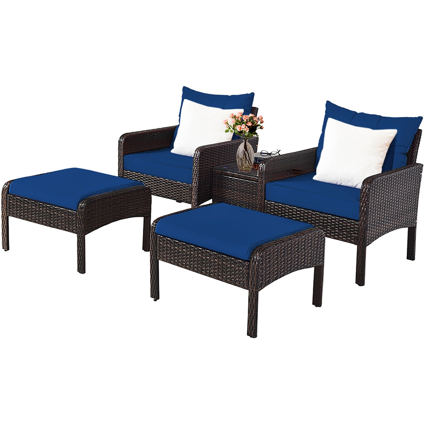 Costway 5 PCS Patio Rattan Wicker Furniture Set Sofa Ottoman Coffee Table Cushioned