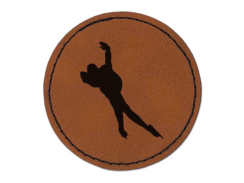 Speed Skating Skater Round Iron-On Engraved Faux Leather Patch Applique - 2.5&#x22;