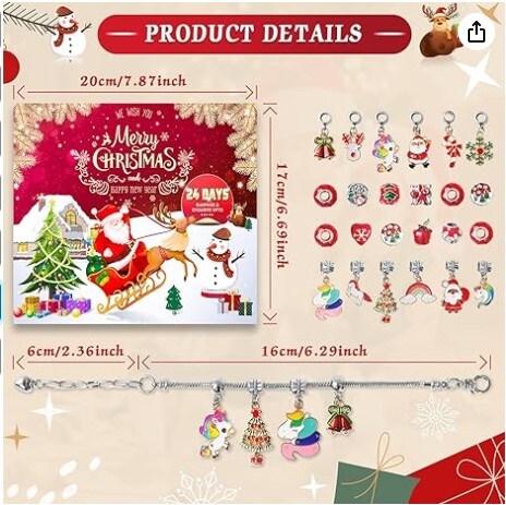 2023 Christmas Charm Bracelet Advent Calendar for Girls 24-Day Christmas Countdown Calendar Jewelry Making Kit DIY Charm Bracelet Making Kit is a great gift for kids, teens, and women.